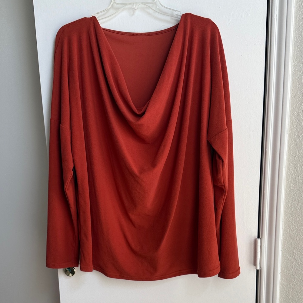 Rust Orange Drape Neck Long Sleeve Top